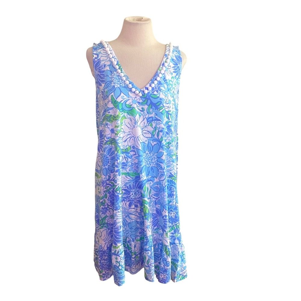 Lilly Pulitzer Blue Green Floral Pom Pom V-Neck Ruffle Hem Shift Dress Medium - Picture 2 of 9